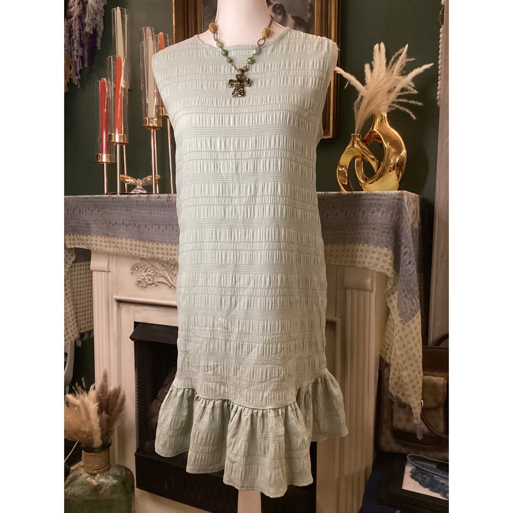 Emery Rose Womens Sage Green Textured Ruffle Hem Sleeveless Shift Dress Large